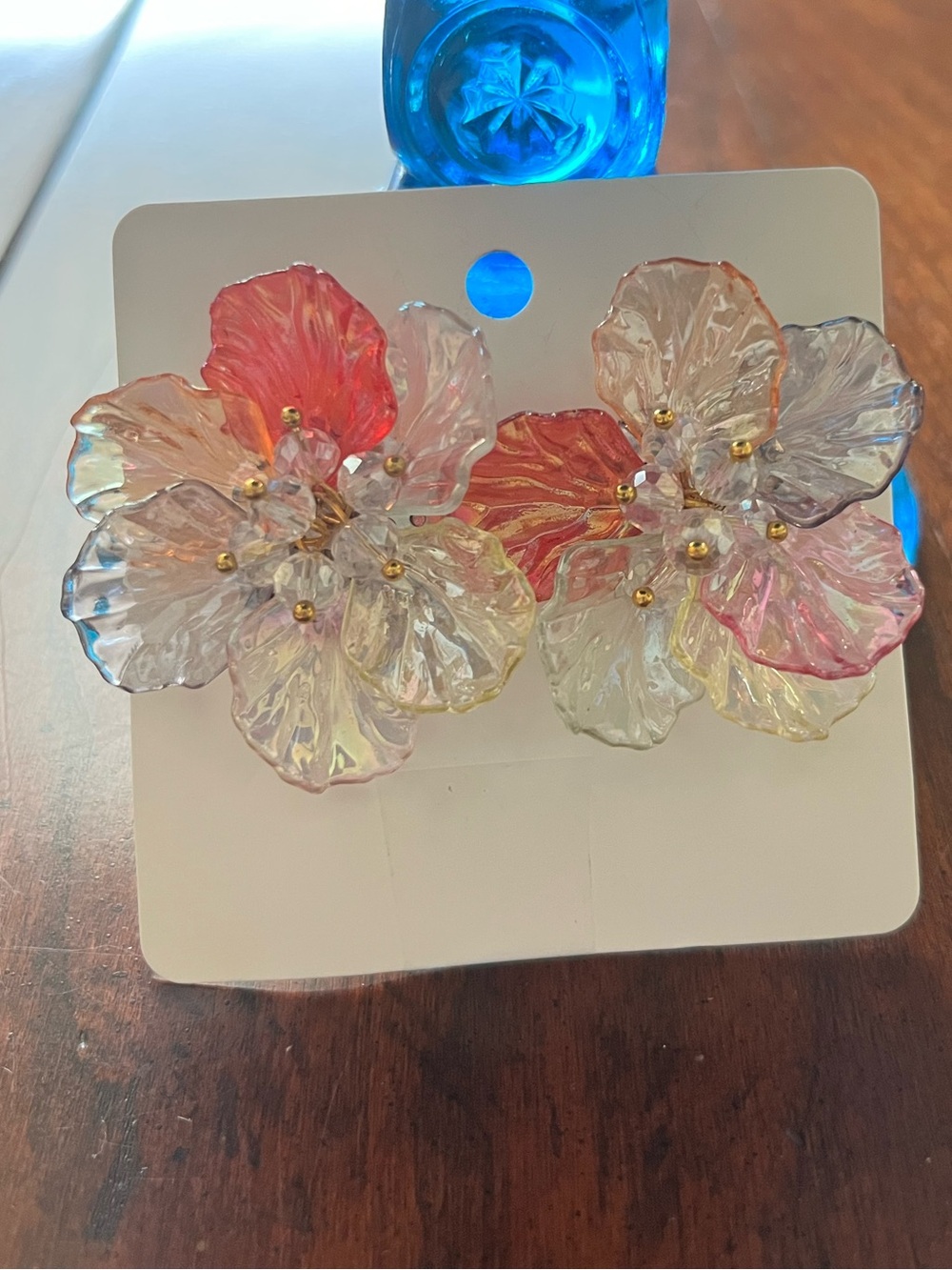 Bold Orange, Blue, Iridescent & Clear Acrylic Petal Beaded Flower Earrings.